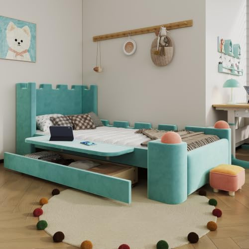 Cama acolchada infantil 90x200 cm con cajón, estante lateral y taburete | Cama individual de terciopelo, marco de cama de montaje, reversible, somier de láminas, sin colchón