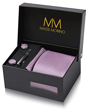 Massi Morino Krawatte Lila Kariert mit Einstecktuch Set Herren inkl. Manschettenknöpfe, Krawattennadel und Geschenkbox | Männer Krawattenset zur Hochzeit