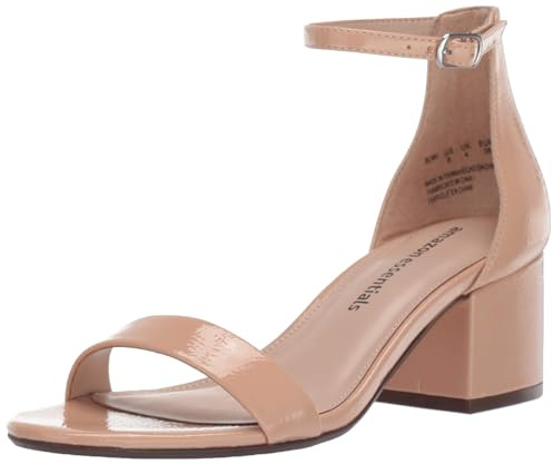 Amazon Essentials Women's Two Strap Ankle Strap Block Heel Sandal, Beige Faux Leather, 11 Wide