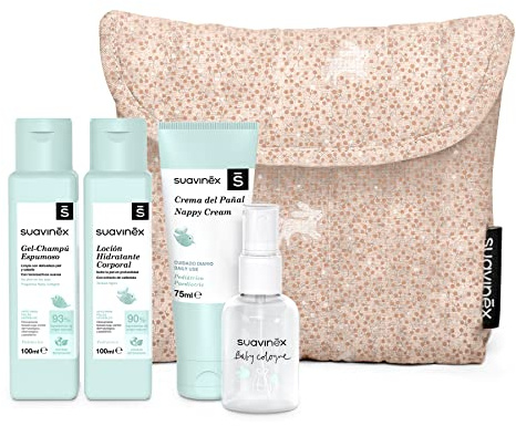 Suavinex Beauty Case da Viaggio in Tessuto - Kit idea regalo neonato con 4 prodotti - Baby Cologne, Lozione Idratante, Crema Cambio Pannolino e Shampoo - Rosa