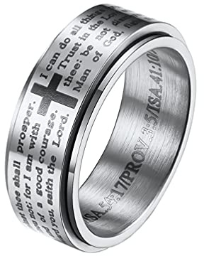 HIJONES Homme Acier Inoxydable Bible Verset Seigneurs Prière Croix Dieu Anneau 3 Couleurs Spinner Bague en Argent Taille 60