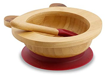 BIOZOYG Juego de bols de bambú oso panda I Bol con ventosa y cuchara - certificado FSC I bol de madera de bambú p. niños - bol de papilla y de cereales para bebés I vajilla de bambú para bebés rojo