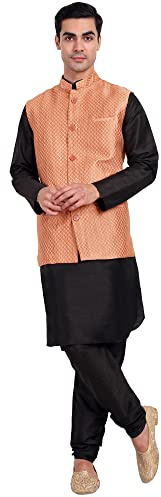 SKAVIJ Men's Dupion Silk Kurta Pajama with Nehru Jacket (Waistcoat) Set Indian Traditional Wedding Ethnic Outfit (X-Large, Orange)