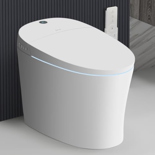 EPLO Inodoro inteligente, bidé asistido por bomba de inodoro, descarga opaca, asiento con calefacción, doble descarga automática, agua tibia, funcionamiento con sensor de pie, inodoros alargados