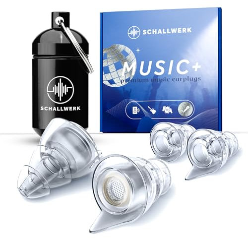 SCHALLWERK ® Music+ | Bouchons d'oreilles discrets – Amortissent le bruit et préservent la qualité du son – Bouchons d'oreilles transparents – Convient pour la musique, les festivals, le travai