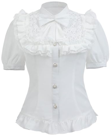 CR ROLECOS White Victorian Blouse for Women Short Sleeve Ladies Victorian Style Ruffle Blouses with Bow M