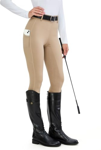 HMILES Leggings da Equitazione da Donna, in Silicone, con Inserti Completi, a Vita Alta, Elasticizzati, da Equitazione, da Donna, con Passante per, Cachi, XL