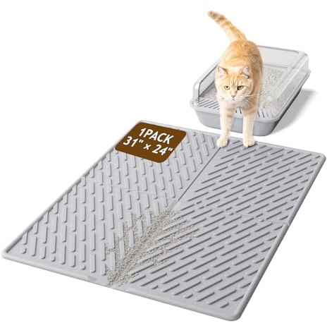 kaxionage Cat Litter Mat with Grooves & Raised Edge, Urineproof/Waterproof, Litter Scattering Control, Easy to Clean (31 * 24in-Grey-1 Pack)
