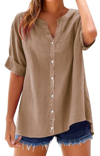 Chemise Lin Femme Manches Courtes Chic et Élégant Coton Lin T-Shirt Col en V Chemisier Tunique Tops avec Boutons Casual Grande Taille d'été Basique Shirt Couleur Unie LâChe Respirant Blouse