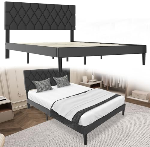 Suusolny Telaio letto imbottito con testiera in pelle e rete a doghe, letto singolo, matrimoniale, facile da montare con strumenti di installazione, telaio per letto fino a 300 kg, colore nero, 140 x