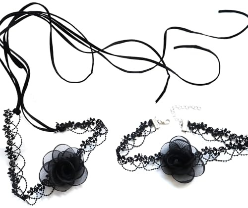 CIXVOEMK Black Lace Camellia Necklace Neck Jewelry Neck Flower Bone Chain Necklace Fashion Accessories for Women (Black Camellia-2PCS)
