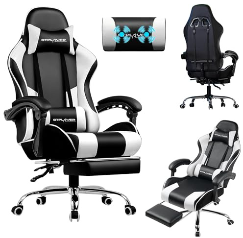 LUCKRACER Silla Gaming con Masaje Ergonómica | Reposapiés y Reposacabezas Retráctil | Soporte 150 kg | Oficina y Hogar | Color Blanco