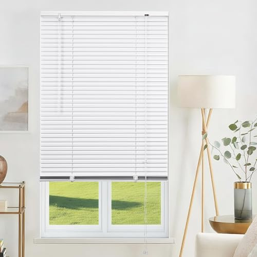 Aluminum Venetian Blinds Easy Fit Curtains Fittings Windows Treatment Shutters with Tilt control Wand Mechanism for Home and Office(White,120cm W x 150cm H)