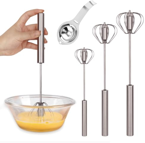 3 Batidor Automático Simple – Batidor Semiautomático de Acero Inoxidable para Mezclar, Batir y Espumar en Cocinas, 10+12+14 in, con Separador de Huevos