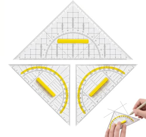 MYZWEL Triangel-set 3-delad med handtag, 22 cm stor triangel och 2 x 15,7 cm mångsidig vinkelmätare, transparent gul, linjalset för skola, studier och arkitektonisk design
