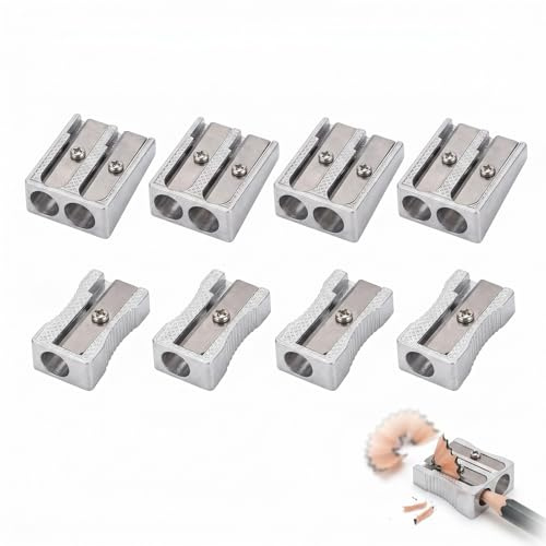 MNYXIS Sacapuntas de Metal Pack de 8, Incluye 4 de Doble Agujero y 4 de Agujero Único, Afilalápices Manual Plateado para Lápices de Colores y Grafito, Material Escolar y Oficina