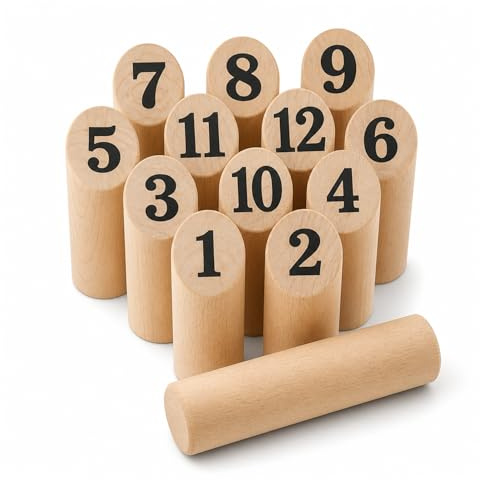 GRENADINE BOUTIQUE Jeu de Quilles Nordiques Bois, Lot 12 Quilles (Lot de 1) | 12 quilles numérotées + bâton lancer, Jeu adresse stratégie enfants adultes, Bois robuste durable, Idéal jardin plage camping