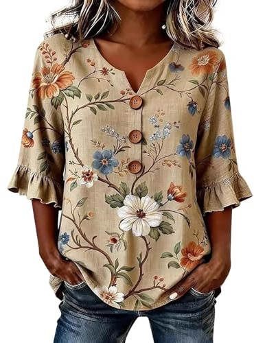 Chemise Femme Manche 3/4 Col en V Blouse Chic et Élégant Volants Chemises Lin Ete Hawaïenne Haut Coton Imprimé Plissée Shirt avec Boucle Dame Bureau Casual Tunique