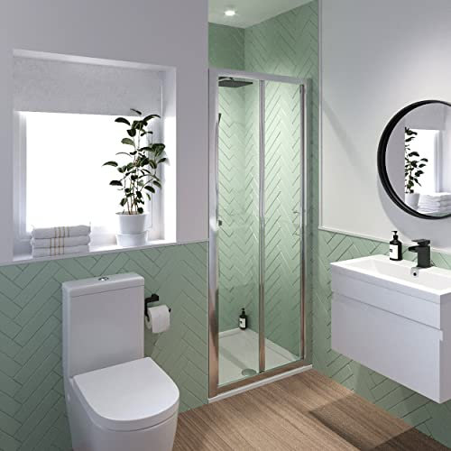 Luxura® 760mm Bifold Folding Shower Door Screen for Wet Room Cubicle Enclosures, 6mm Safety Glass Space Saving, Framed, Polished Chrome