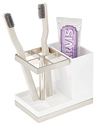 mDesign Plastic Toothbrush and Toothpaste Storage Organizer Holder - Home Decor for Bathroom Countertop - Holds Toiletries and Beauty Accessories - Lumiere Collection - White/Brushed