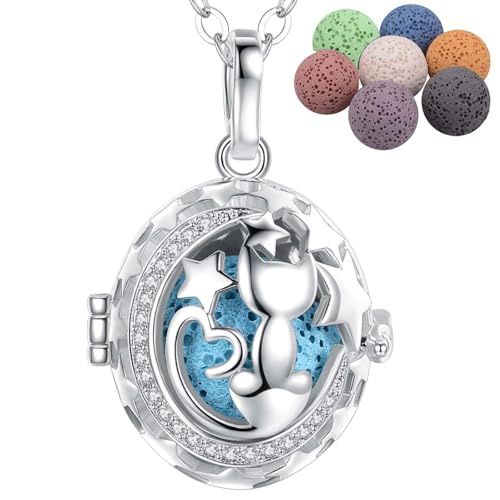 INFUSEU Collana Diffusore Gatto, Oli Essenziali Ciondolo Gatto Placcato Argento Aromaterapia Gioielli Donna Collane Lunghe Donna con 7PC Lava Pietre e Catena 24, Regali per Signora