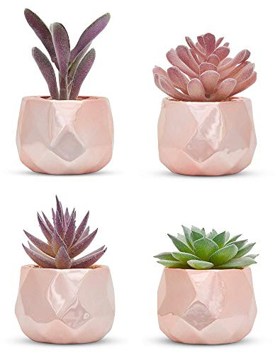 Nordik Set of 4 Desk Plants in Rose Gold - Office Decor for Women, Indoor, Living Room, Bedroom, Home and Desk Decor – Pink Faux Succulents Geometric Ceramic Planters