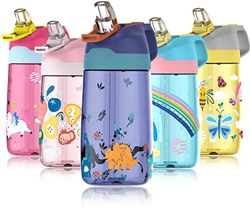 Fjbottle Kids Water Bottle with Straw, BPA Free Leak Proof 450ml Drinking Bottle, Eco Friendly Tritan Sports for Kids, One Click Flip Lid