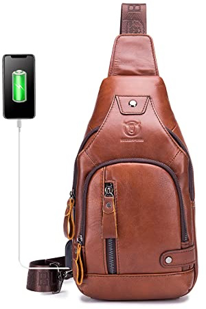 LUKZIJAES Genuine Leather Sling Bag for Men Crossbody Shoulder Chest Pack Hiking Casual Daypack Outdoor Travel Backpack (#1-Brown)