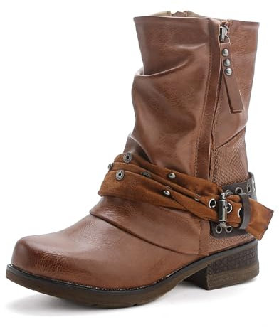 Damen Stiefeletten Biker Boots - Stiefel mit Nieten Schuhe Blockabsatz - Bequeme Herbst Winter Frauen Schuhe Schnallen – ST04 (Camel 40)