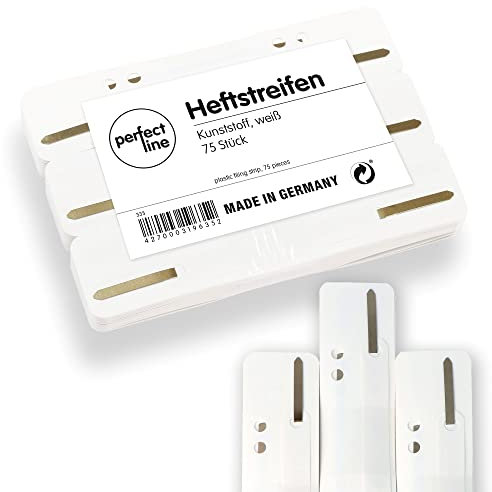 perfect line - 75 Heftstreifen (3x25 Stk.), recycelbarer Kunststoff, Farbe weiß, Made in Germany