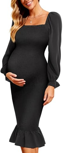 Black Maternity Dress Long Sleeve Pregnancy Wedding Guest Cocktail Fall Formal Mermaid Smocked Bodycon Midi Dresses