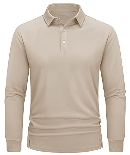 TACVASEN Herren Poloshirt Langarm Schnelltrocknend Langarmshirt Funktionsshirts Casual Polo Golf Shirt Oberteil, Khaki, L