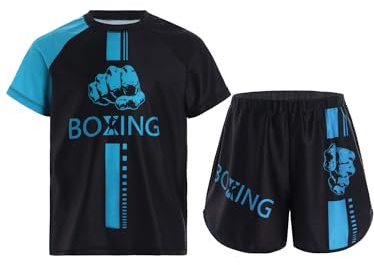 Freebily Costume da Allenamento da Pugile Bambino e Ragazzo Completo da Boxe Muay Thai MMA Arti Marziali Boxing Maglietta Manica Corta + Pantaloncini Kick-Thai Tracksuit Azzurro 15-16 anni