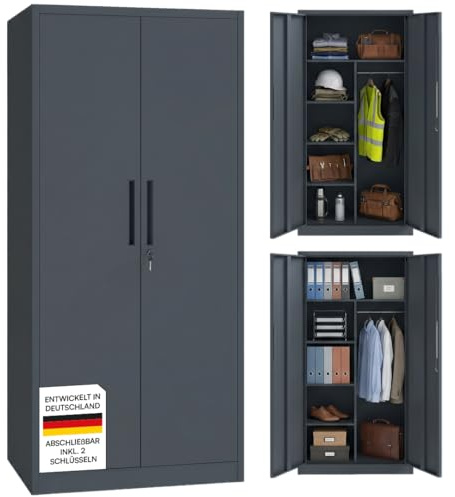 STEELSØN Regulus Metallschrank abschließbar – Garderobenschrank mit 6 Fächern und 1 Kleiderstange – Spind Schrank mit Doppeltüren – Mehrzweckschrank Anthrazit – Kleiderschrank Metall 175x40x80 cm