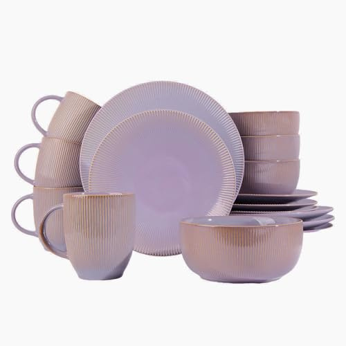 Waterside 16pc Purple Reactive Glaze Porcelain Dinner Set; 4 Dinner Plates, Side Plates, Deep Bowls & Mugs - Dishwasher & Microwave Safe