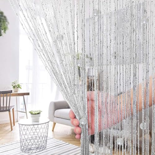 ElevaPulse Tenda a fili per porta del balcone, zanzariera – Tenda a strisce di perle bianche 100 x 200 cm, zanzariera per porta con passante per asta per divisori e decorazioni