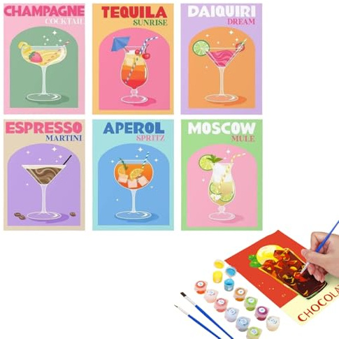 6 Pack Vintage Cocktail Paint by Numbers Kit, 8x12 Inch Easy DIY Oil Retro Adult Paint by Numbers for Beginners, Painting by Numbers for Adults on Canvas Gift Home Decor (E)