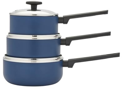 Morphy Richards 3pc Saucepan Set, Recycled Aluminium, 16cm, 18cm & 20cm Saucepans, Non Stick Coating, Soft Touch Handles, Suitable for All Hobs, Blue, 859001