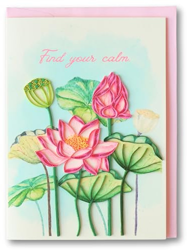 Quilling Friendship Card with Envelope - Handmade Serene Lotus Flower Pond Zen Botanical - Quilled Card for Her, Friend, Mom - Get Well Greeting Card - Paper Quilling Art 5x7 Inch