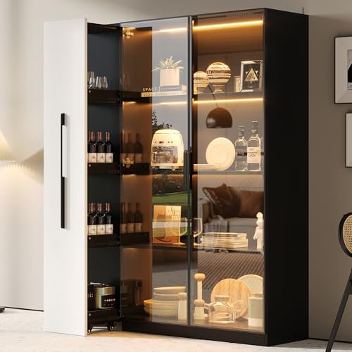 Merax Vitrine - 110,5 x 35 x 160 cm - Armoire multifonction avec porte en verre et éclairage LED - Extension latérale sur roulettes - Armoire haute moderne pour salon, salle à manger ou bureau - Noir
