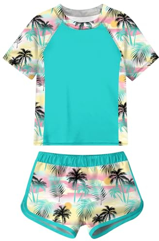 Fanient Traje de Baño para Niña para Playa Camiseta UV para Adolescentes Traje de Neopreno Verde con Estampado de Cocoteros 11-12 Años 12T