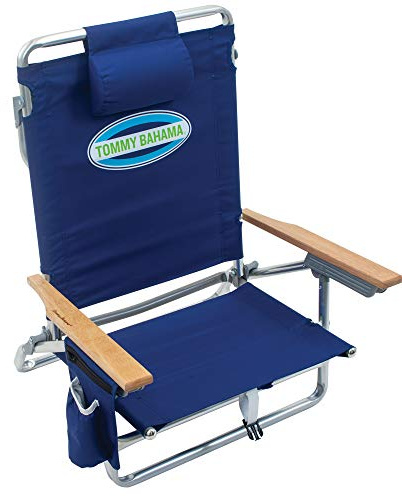 Tommy Bahama 5-Position Classic Lay Flat Folding Backpack Beach Chair, Polyester, Navy