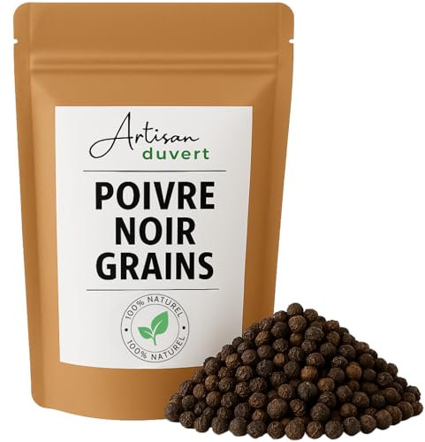 Poivre Noir en Grains de Madagascar 200g – Épice Entière Hautement Aromatique – Saveur Intense & Authentique – Idéal pour Moulins, Plats Épicés, Marinades et Sauces – Sachet Kraft – Artisan du Vert