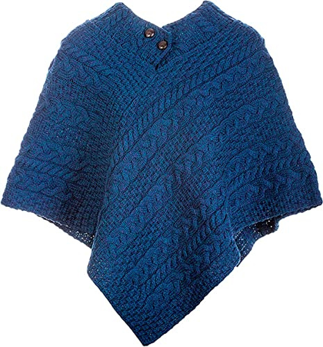 Aran Woollen Mills 100% Irish Merino Wool Ladies Poncho Blue One Size