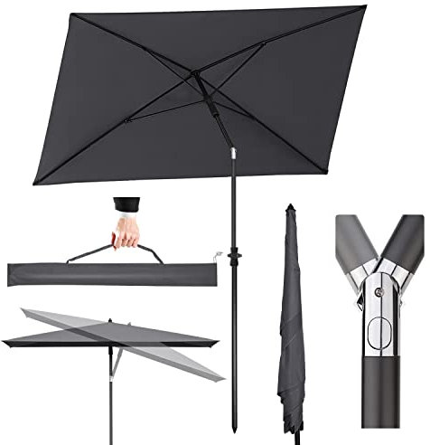 Sekey 210 × 140 cm Sonnenschirm mit Schutzhülle, Balkonschirm Gartenschirm Terrassenschirm, Sonnenschutz UPF50+, Kippbar, Höhenverstellbar, Rechteckig- Dunkelgrau