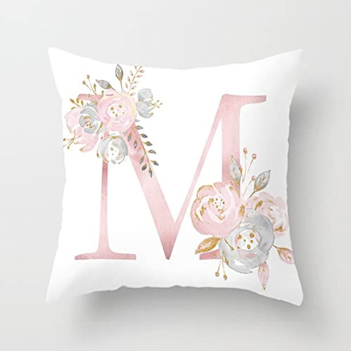 Lieson Kuddöverdrag för barnrum, 1 st kuddöverdrag 20 x 20 utomhus kuddöverdrag vit rosa 50 x 50 cm engelsk bokstav M med blomma, polyester
