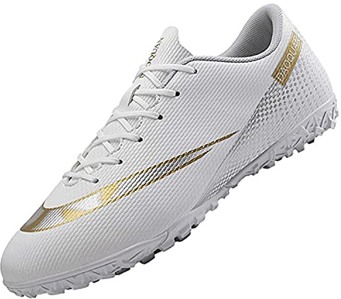 Tabrebull Botas de fútbol para hombre y mujer, para niños y niñas, para interiores y exteriores, atlético, equipo de turf, para correr, antideslizantes, con amortiguación, Blanco, 34 EU