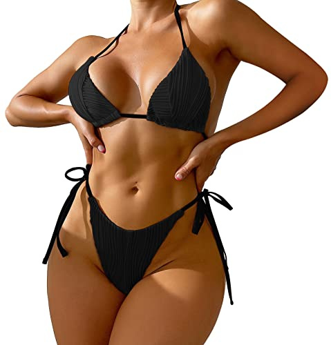 Maillots de Bain Femme 2/3 Pièces Bikini Sexy Push Up Bikini String Brésilien Sexy Bikini de Plage avec Taille Basse Halter Triangle