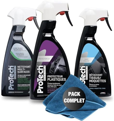 ProTechMC | Kit Nettoyage Voiture Interieur | Nettoyant Multi-Surfaces | Protecteur Plastiques | Détachant Tissus et Moquettes | 3x500 ML | Inclut Microfibre 40x40 cm | Made in France