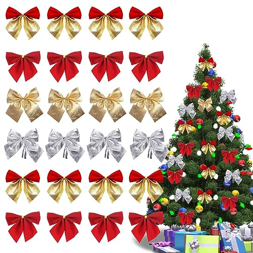 YEAPEAK 96 Fiocchi per Albero di Natale, Decorazioni Natalizie, Fiocchi Natale,Fiocchi Albero di Natale, Fiocchi Albero Natale Adatti per Natalizie Regalo Decorazioni, 4 Stili, Oro/Argento/Rosso